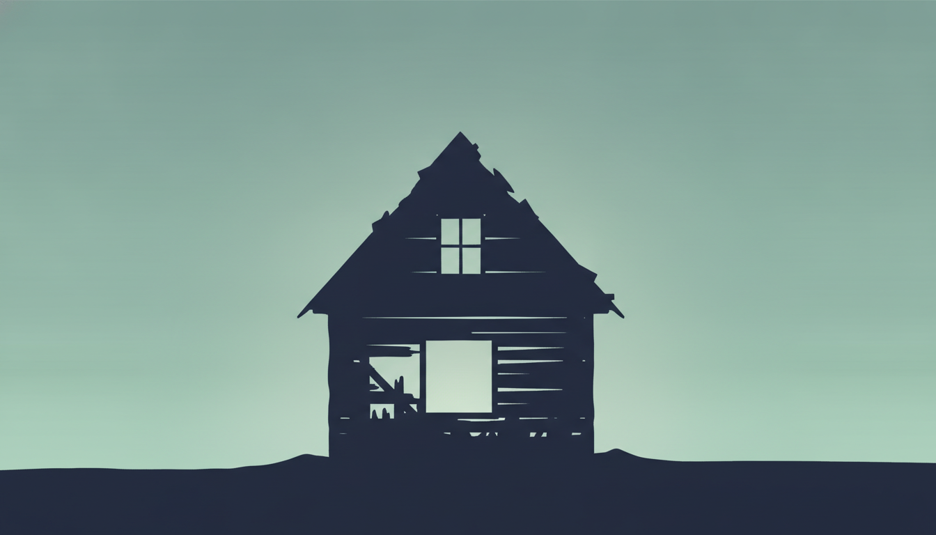 Illustrasjon av et nedbrent hus i skumring