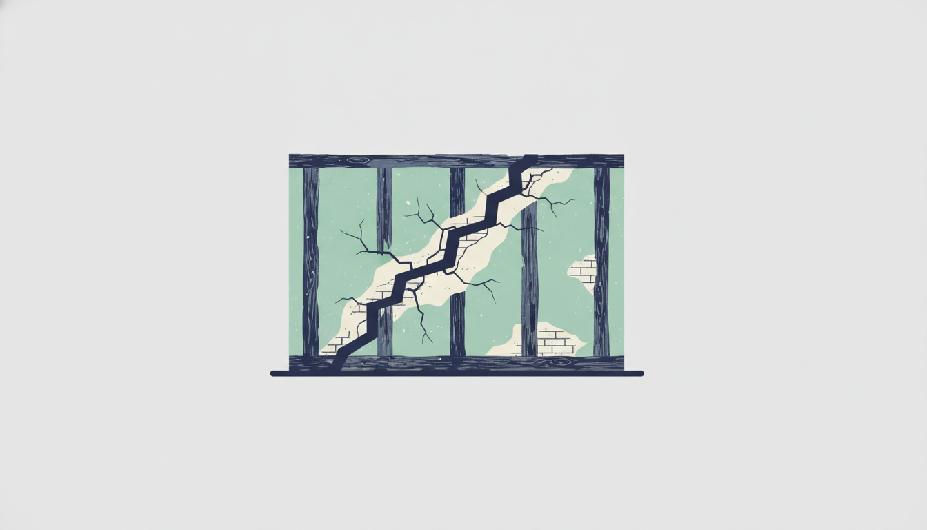 Illustration af en ældre bygning med revner i muren som følge af stabilitetsproblemer