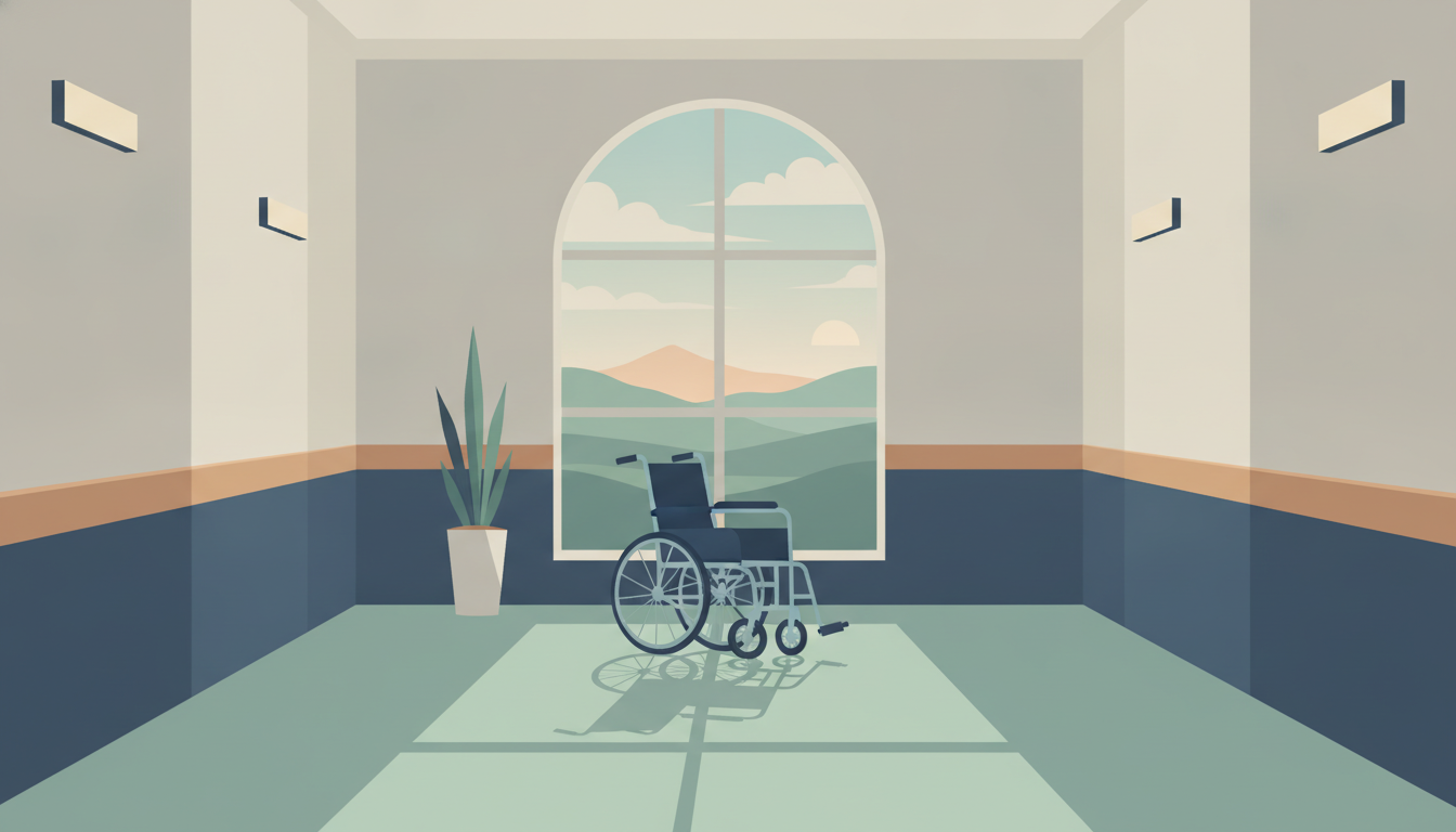 Stille hospitalsgang med en tom kørestol ved et vindue, der symboliserer sygdom og forsikringstvist