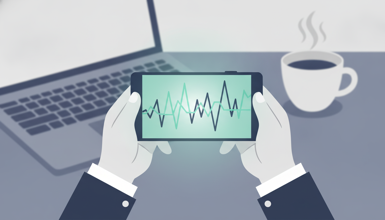 Illustrasjon av en person som ser på en digital investeringsapp på mobilen, med symboler for kryptovaluta i bakgrunnen