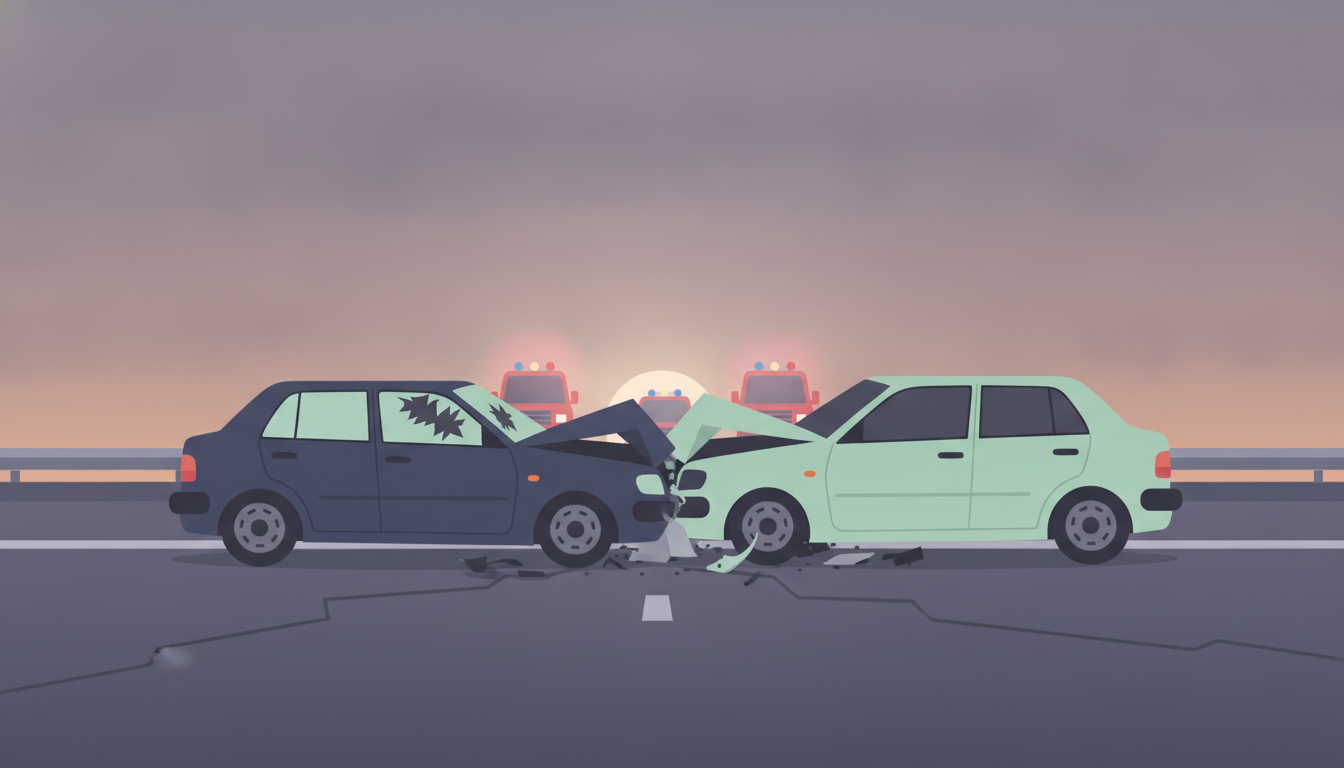 Illustrasjonsbilde av skadde biler etter en frontkollisjon på motorvei