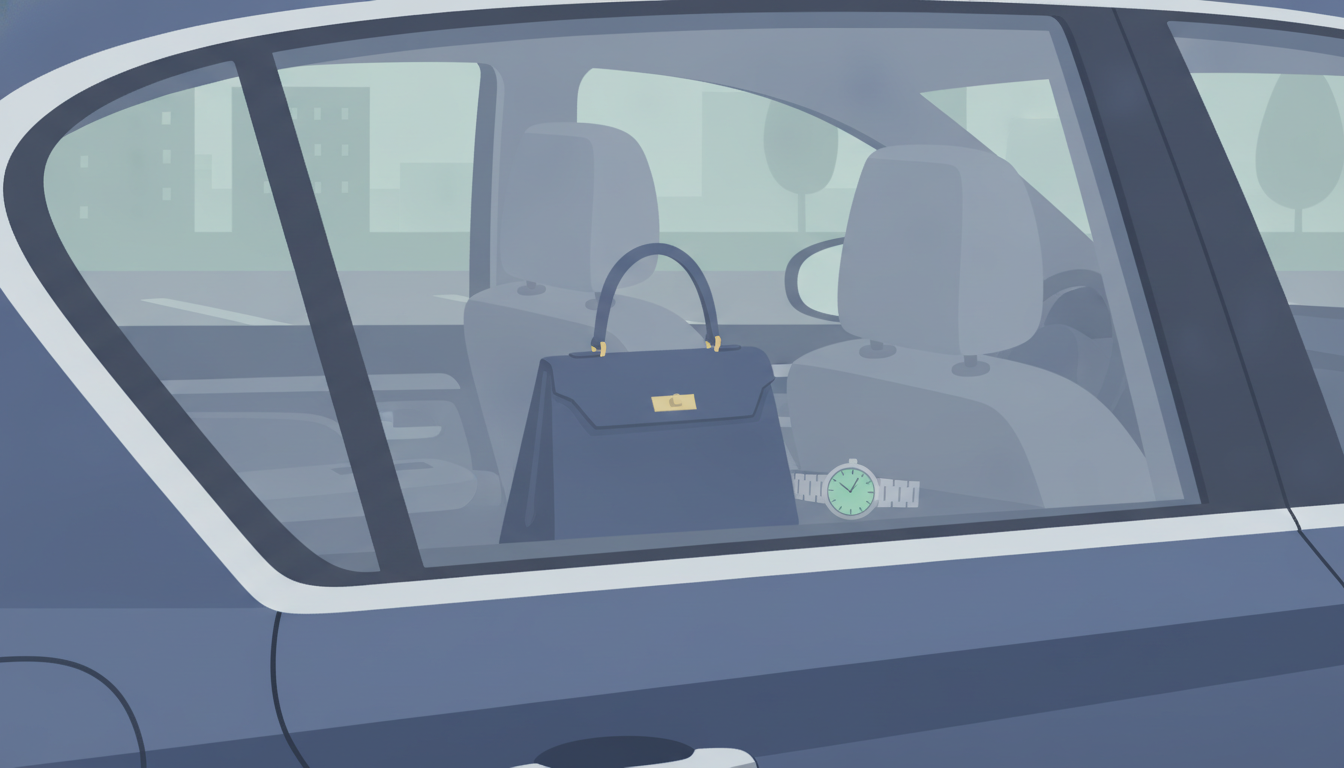 Illustration af en dyr taske og et ur synligt i en parkeret bil, symbol på risiko for tyveri
