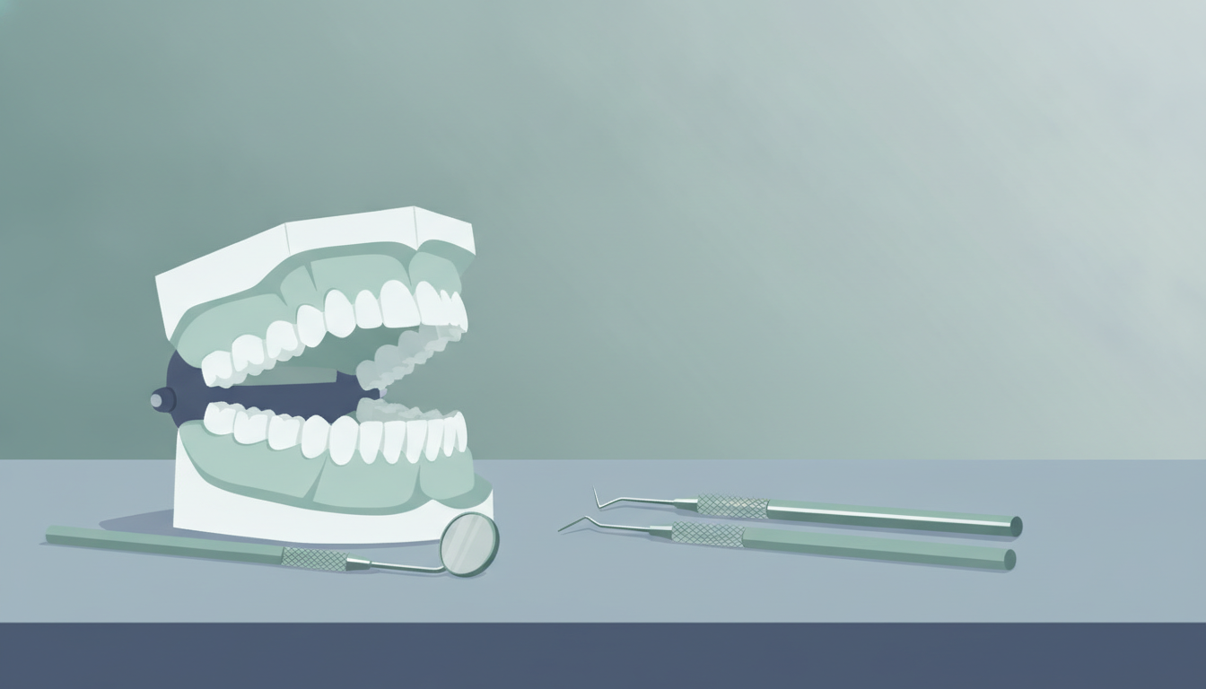 Illustration af tandlægeudstyr og en tandmodel på et klinisk bord