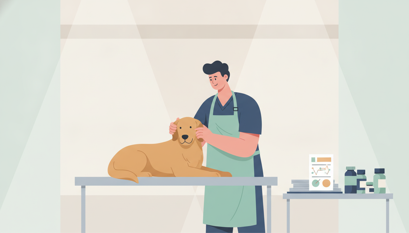 Dyrlæge undersøger en hund på en klinik med medicin i baggrunden