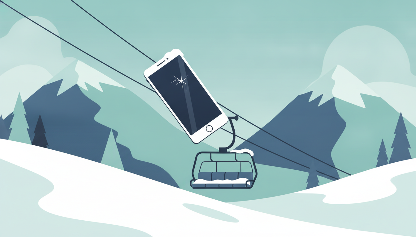 Mobiltelefon som faller ned i snøen fra en skiheis