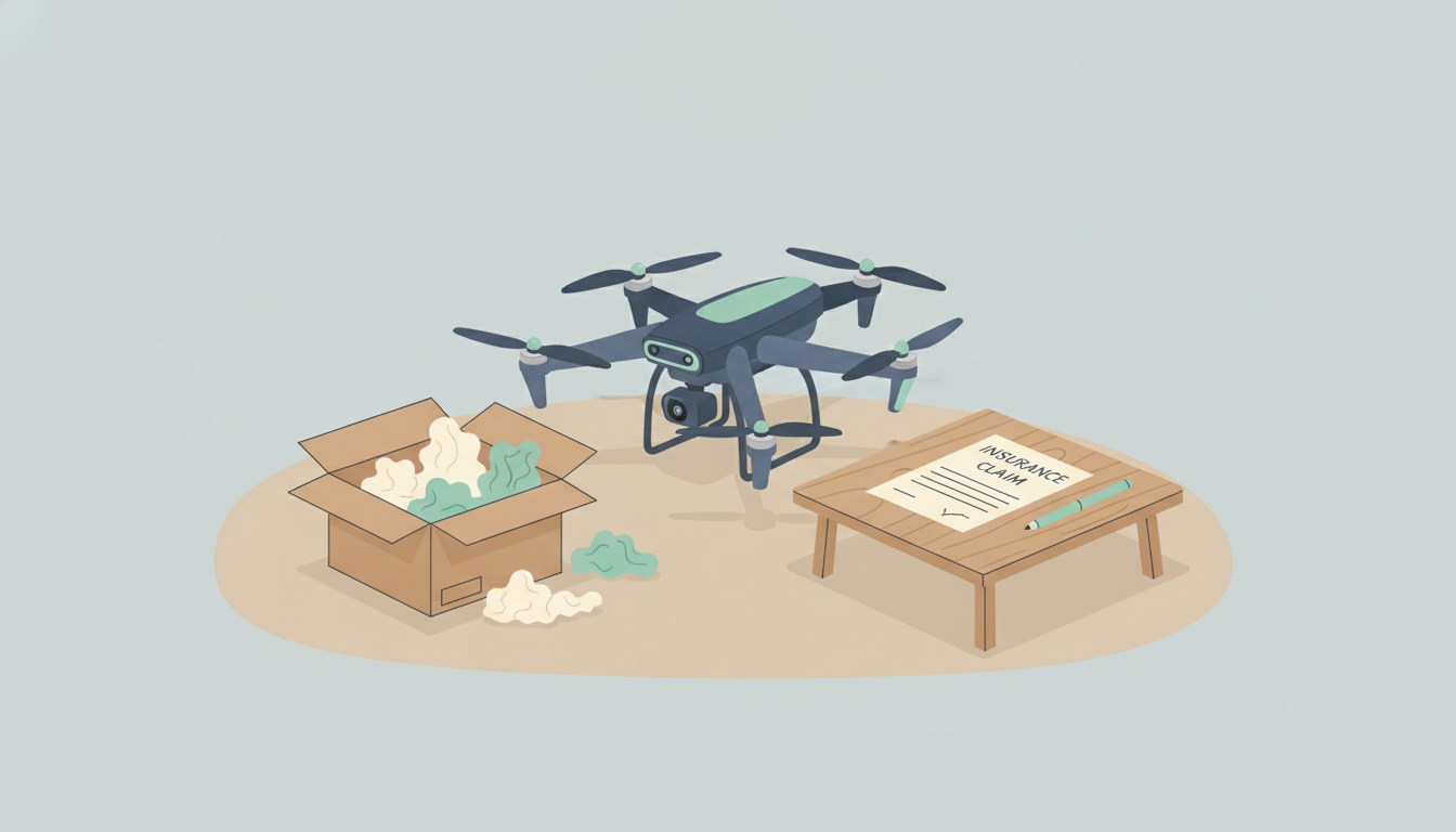 En drone ved siden av en åpnet pappeske, med et forsikringsskjema og en penn på et bord