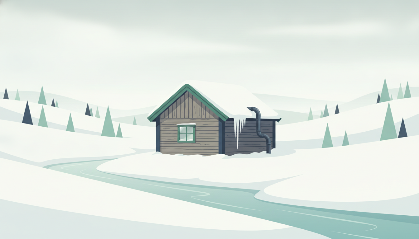 En norsk hytte om vinteren med snø og is rundt et vannrør