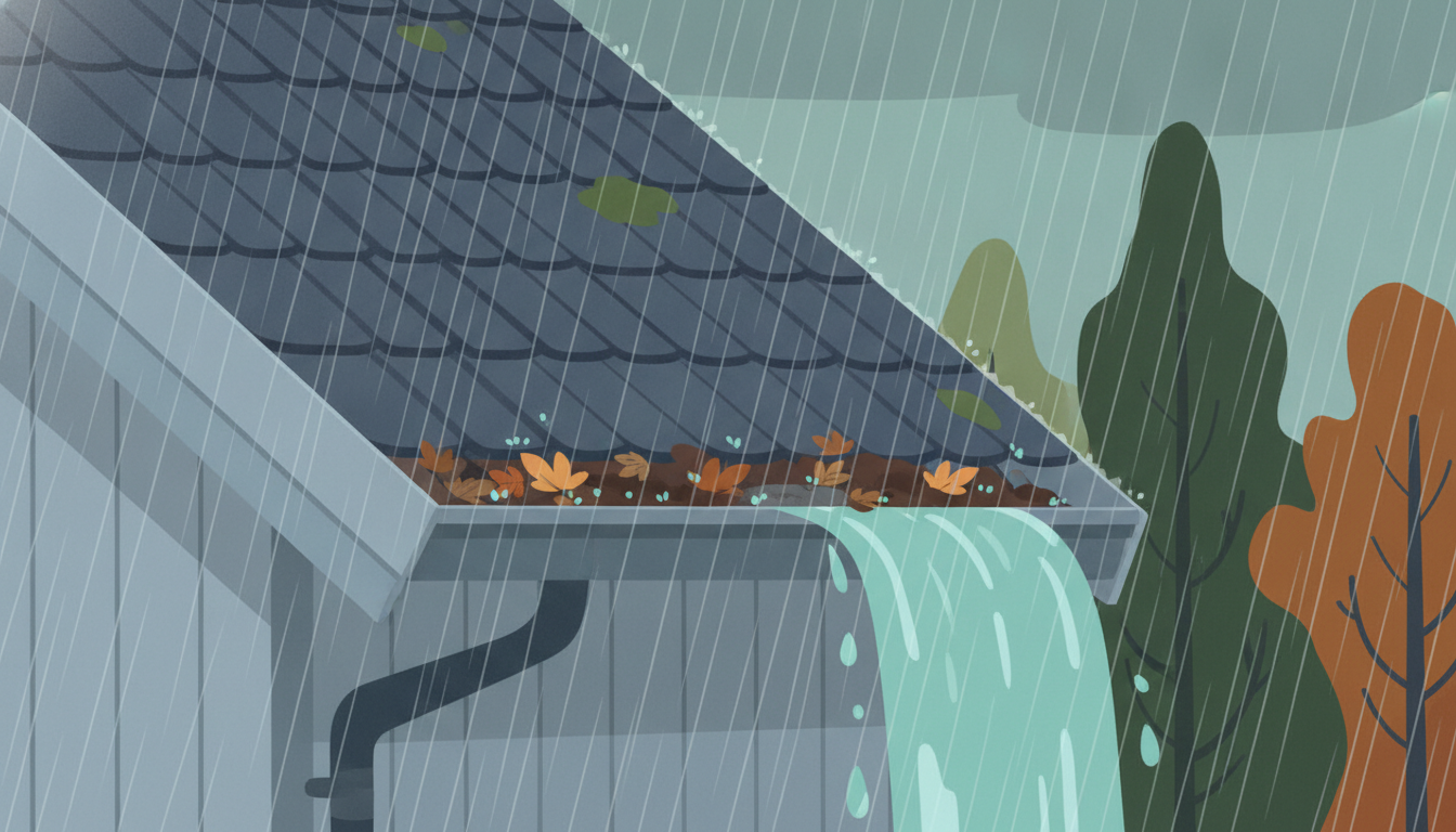 Regnvann renner over en tett takrenne på et hus under høststorm